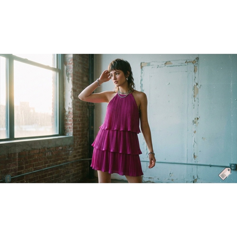 Bohme Womens Halter Mini Dress XS‎ Magenta Barbiecore Tiered Pleated BHM665